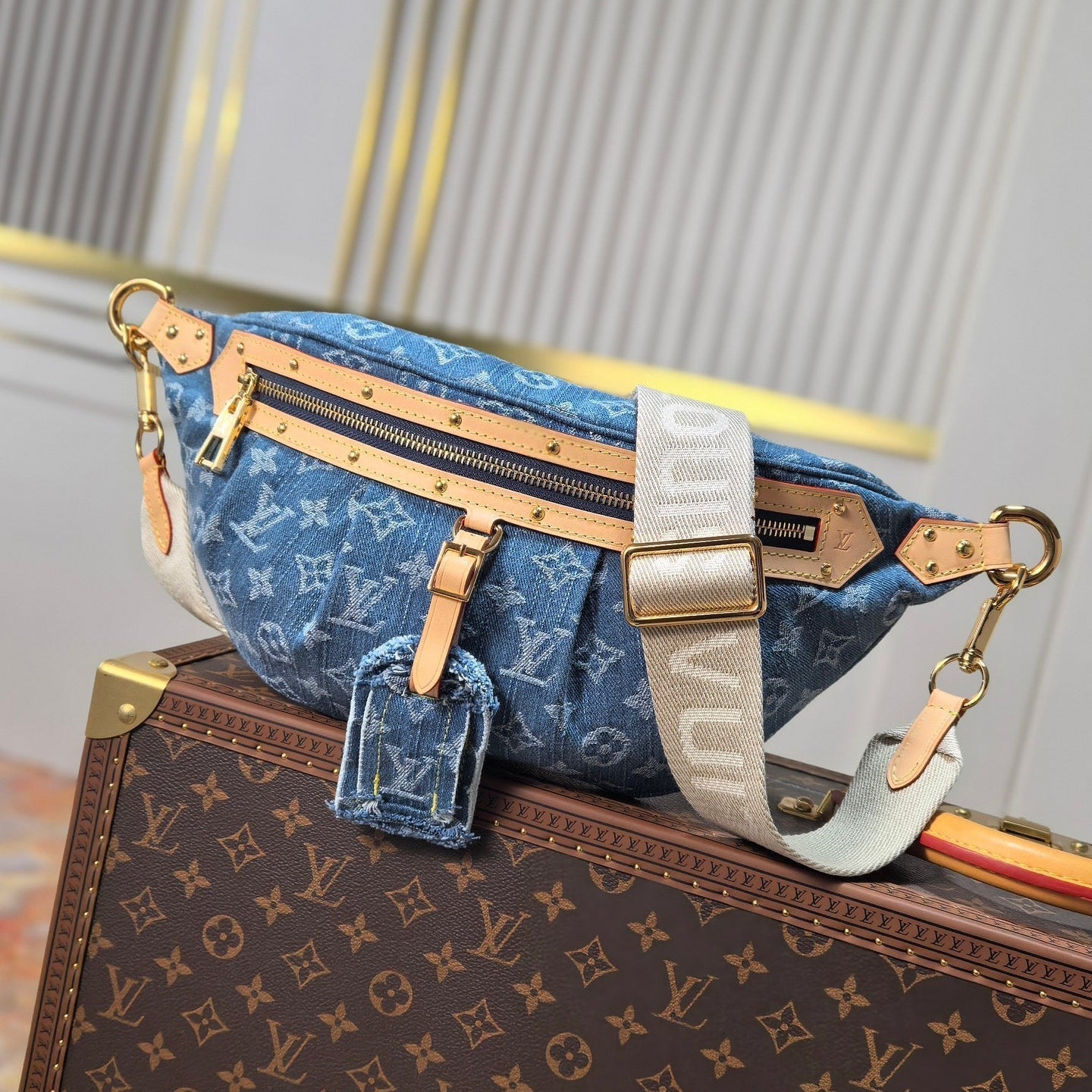 LOUIS VUITTON LV 25S BUMBAG 38 IN BLUE MONOGRAM DENIM LEATHER TRIM GOLD HARDWARE