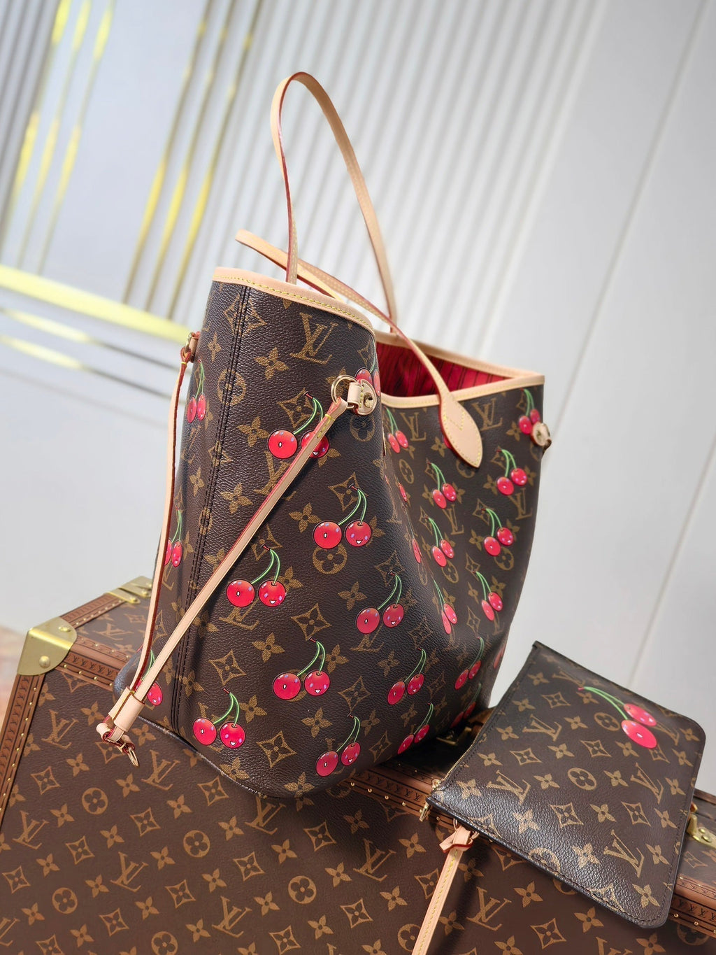 LOUIS VUITTON LV 25S NEVERFULL 31 IN DARK BROWN MONOGRAM CHERRY LEATHER TRIM GOLD HARDWARE