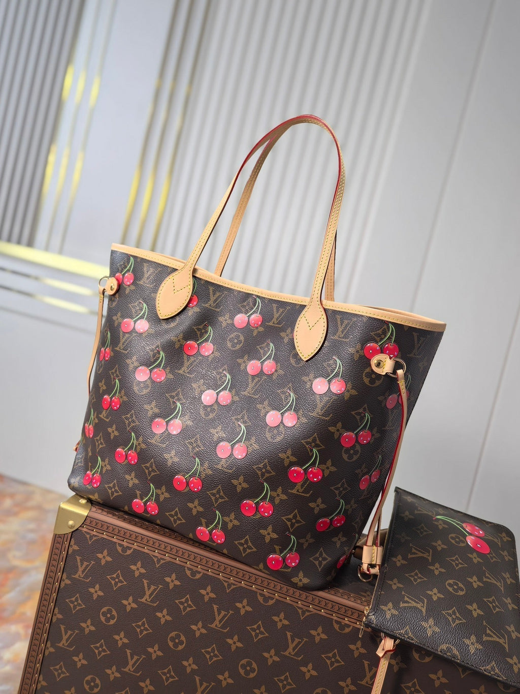 LOUIS VUITTON LV 25S NEVERFULL 31 IN DARK BROWN MONOGRAM CHERRY LEATHER TRIM GOLD HARDWARE