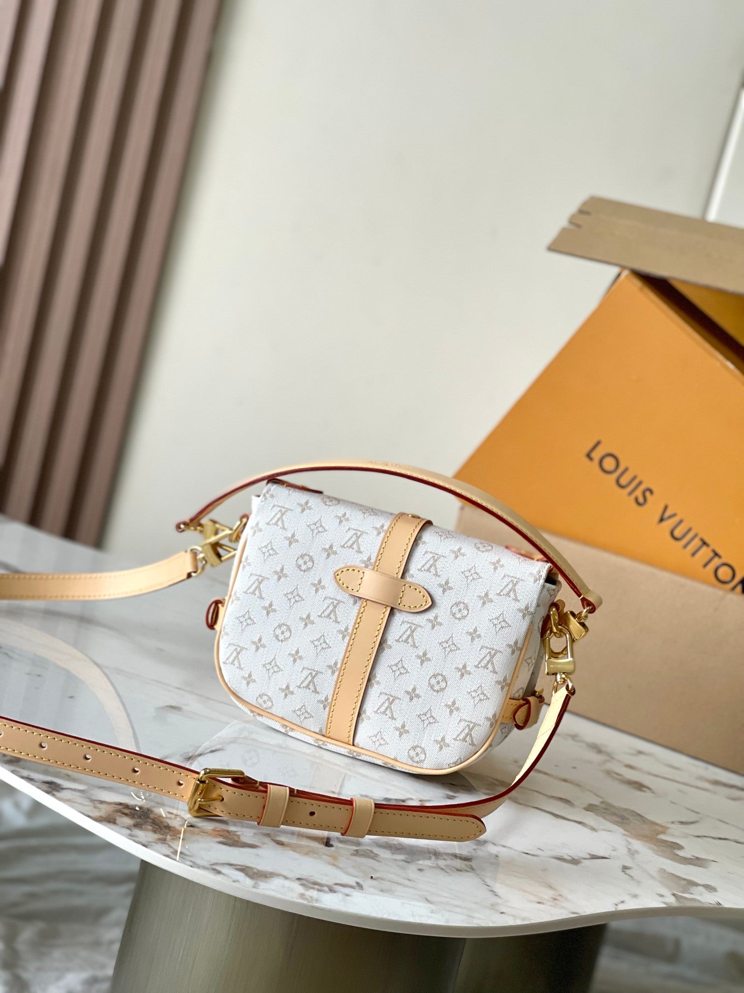 LOUIS VUITTON SAUMUR BB 20 WHITE MONOGRAM MINI JACQUARD AND LEATHER TRIM GOLD HARDWARE