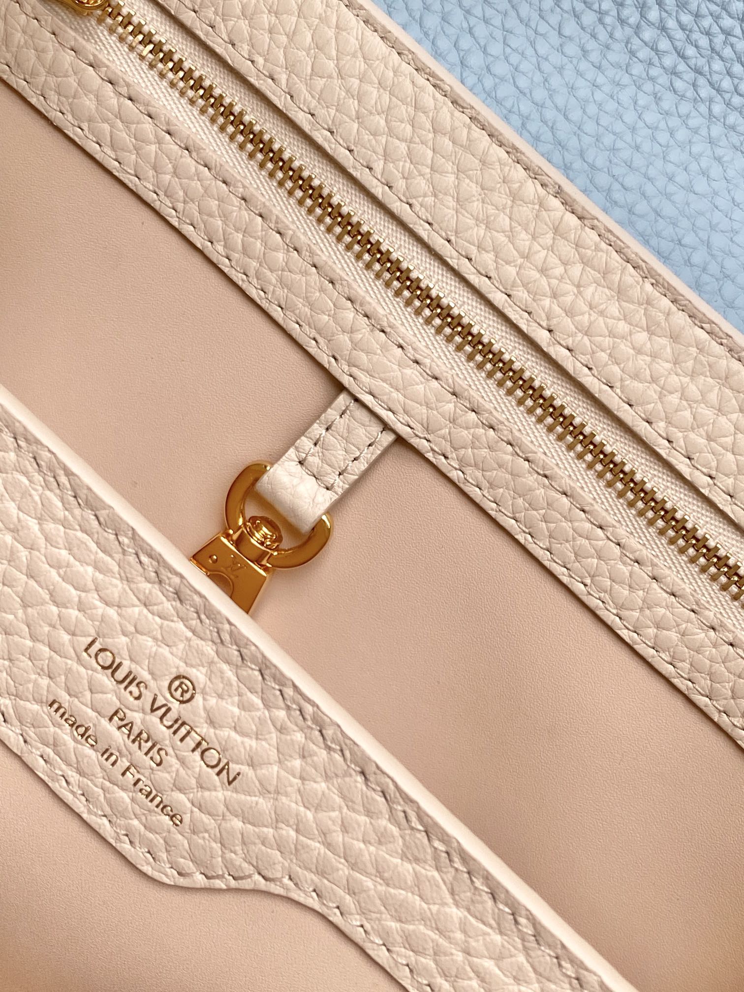 LOUIS VUITTON CAPUCINES BB 27 IN PEARL WHITE MIX SKY BLUE TAURILLON GOLD HARDWARE