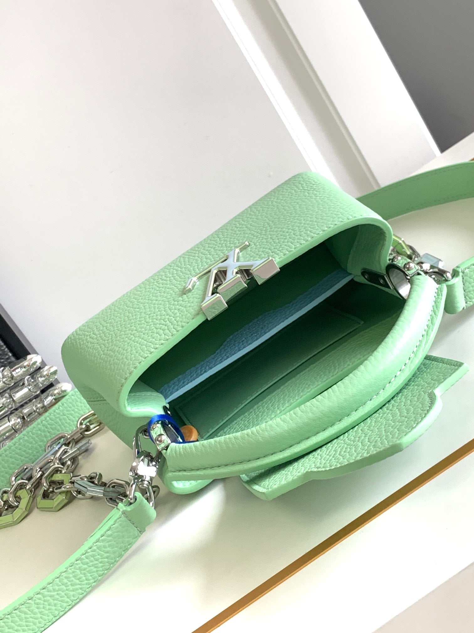 LOUIS VUITTON CAPUCINES MINI 21 IN LIGHT GREEN TAURILLON SILVER HARDWARE