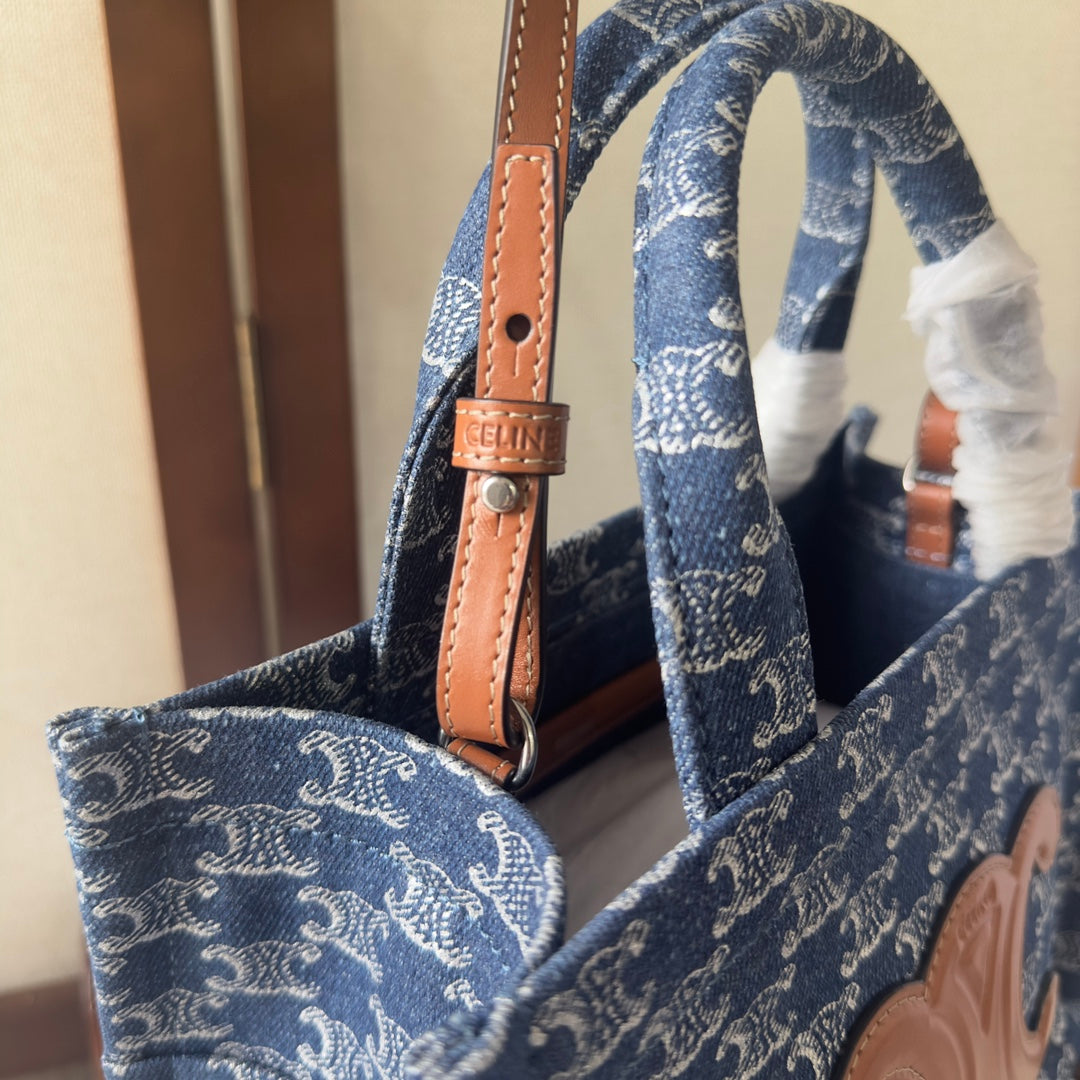 CELINE SMALL CABAS THAIS 25 IN BAYOUX BLUE TRIOMPHE DENIM AND BRONZE BROWN CALFSKIN