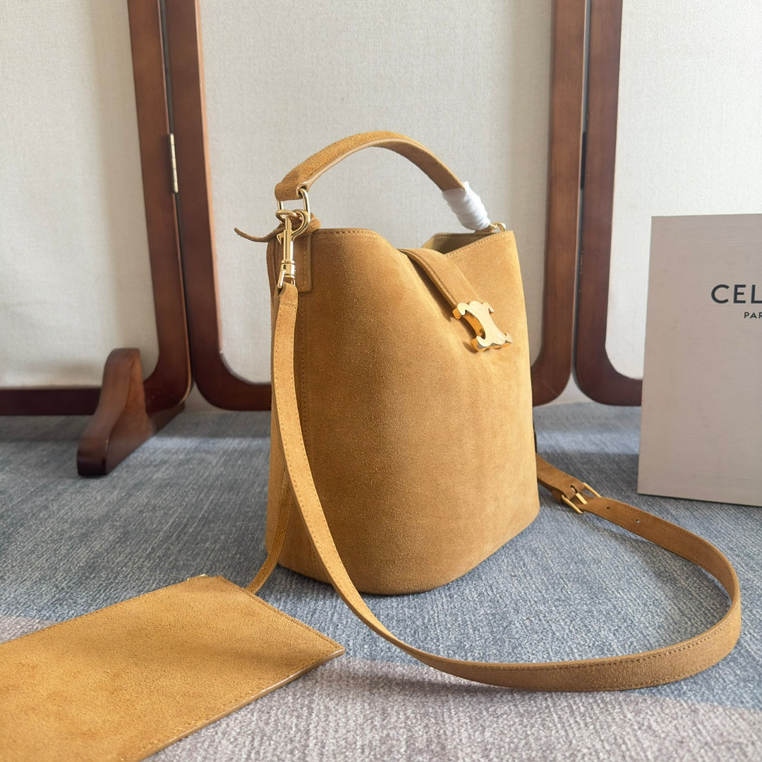 CELINE MINI BUCKET LOUISE 25 CARAMEL BROWN IN NUBUCK