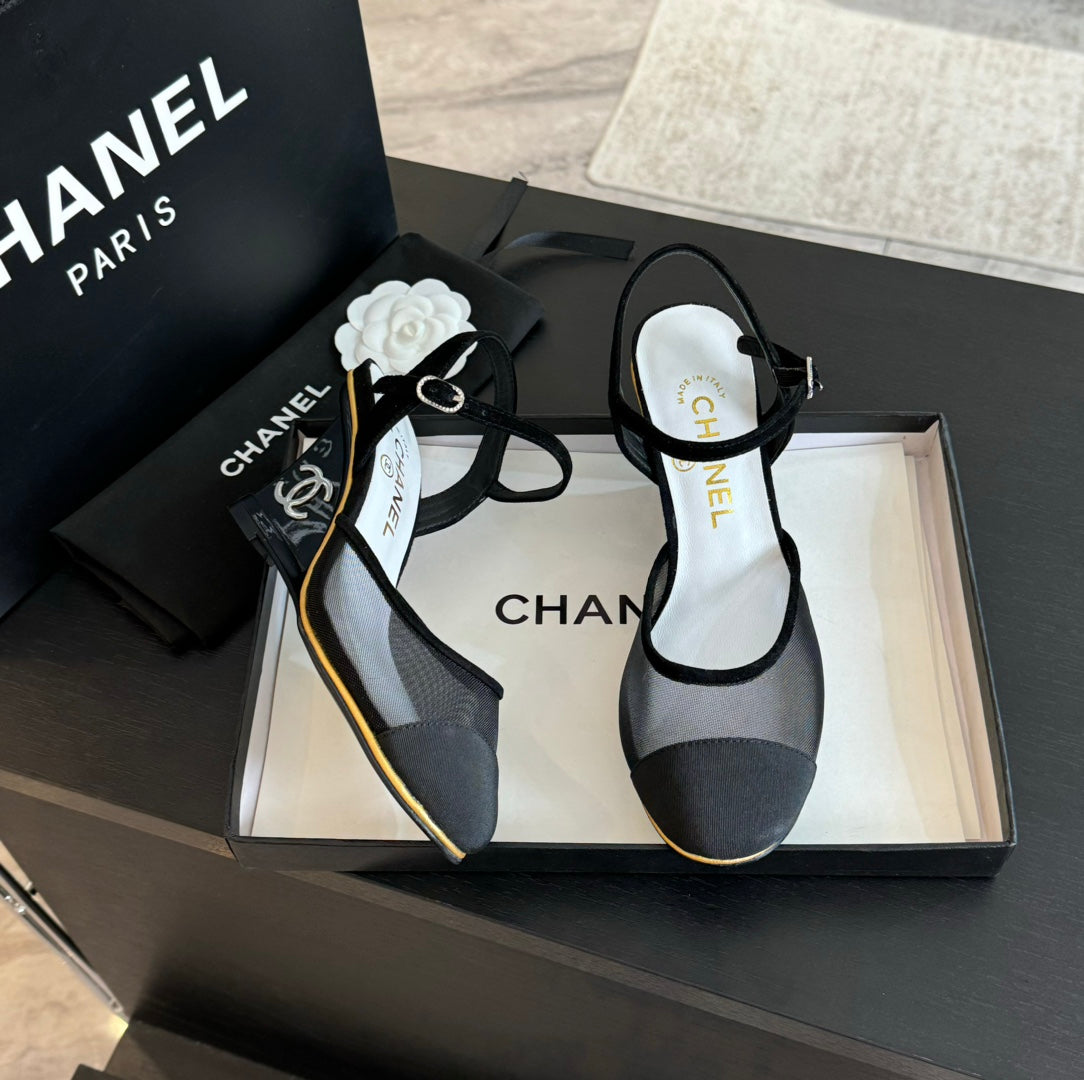 CHANEL Waterproof Platform High Heels Transparent Heel Mesh  Black
