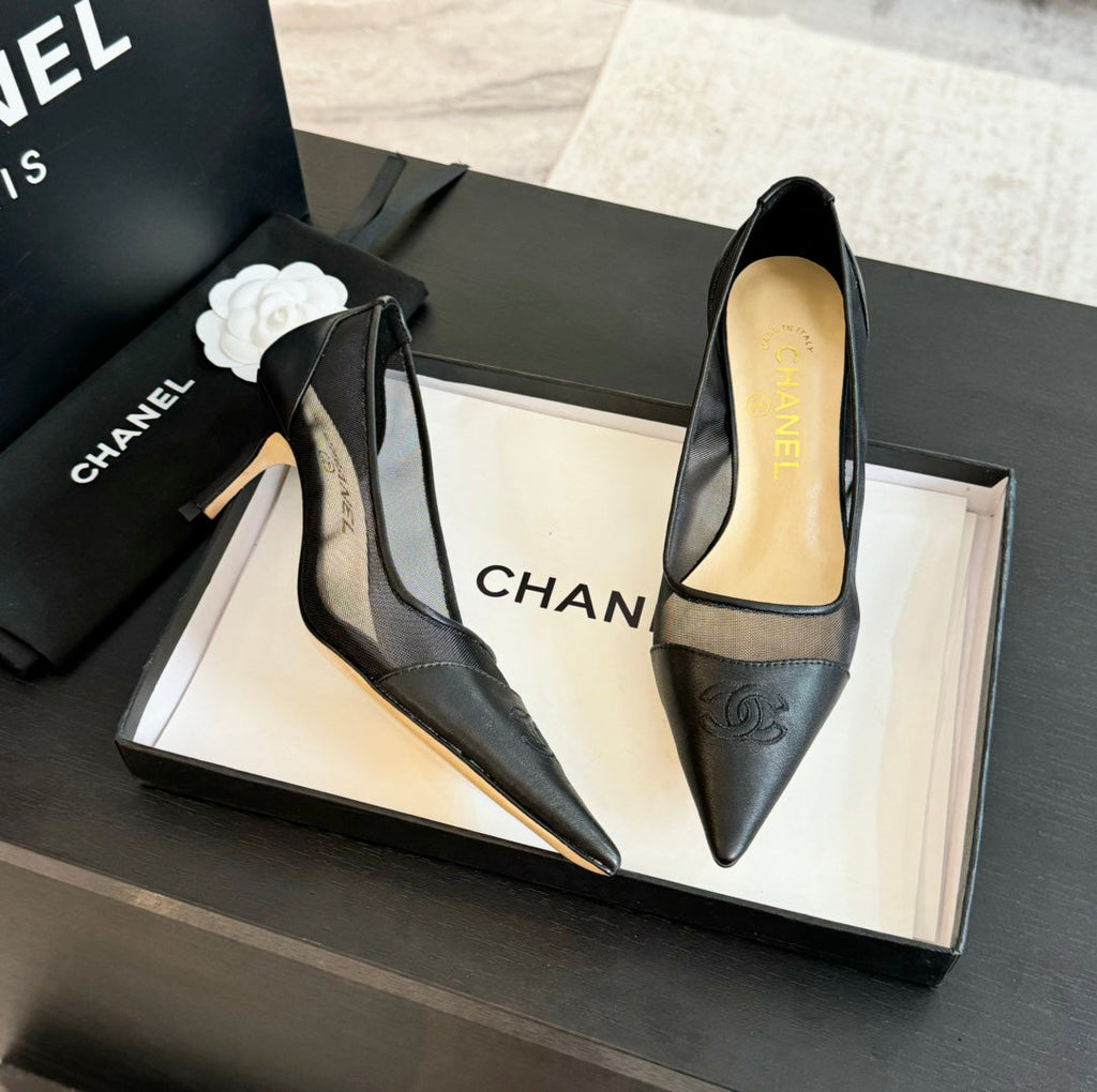CHANEL MESH LOGO HEELS IN BLACK LAMBSKIN