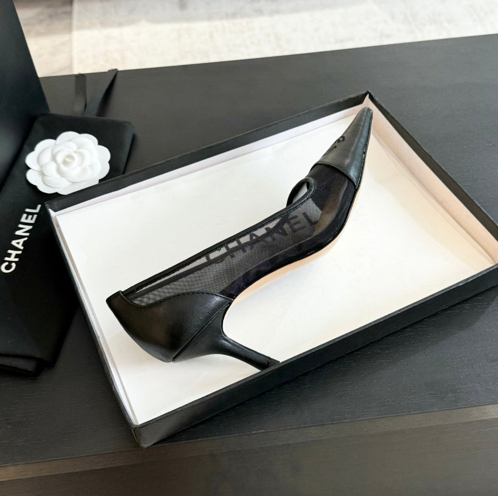 CHANEL MESH LOGO HEELS IN BLACK LAMBSKIN