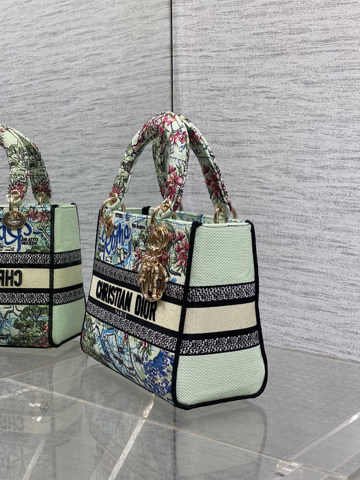 DIOR 25S SMALL LADY D-LITE BAG 24 IN BLUE AND WHITE CANVAS FLORAL EMBROIDERY