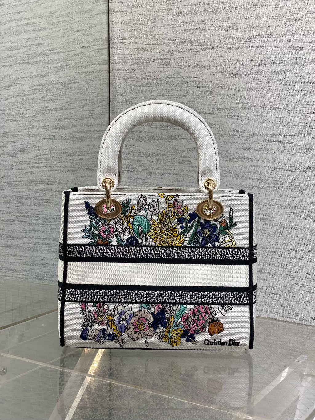 DIOR 25S SMALL LADY D-LITE BAG 24 IN WHITE  FLOWERS CALENDAR ALLOVER EMBROIDERY