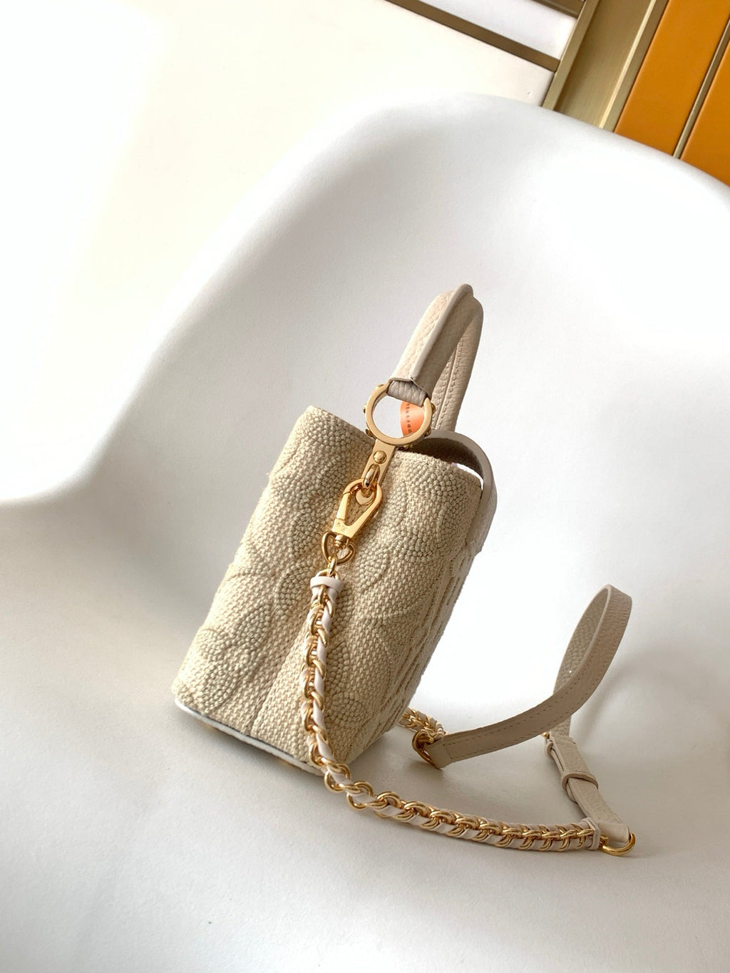 LOUIS VUITTON LV 25S CAPUCINES MINI BAG 21 IN VANILLA-COLORED EMBROIDERED CANVAS