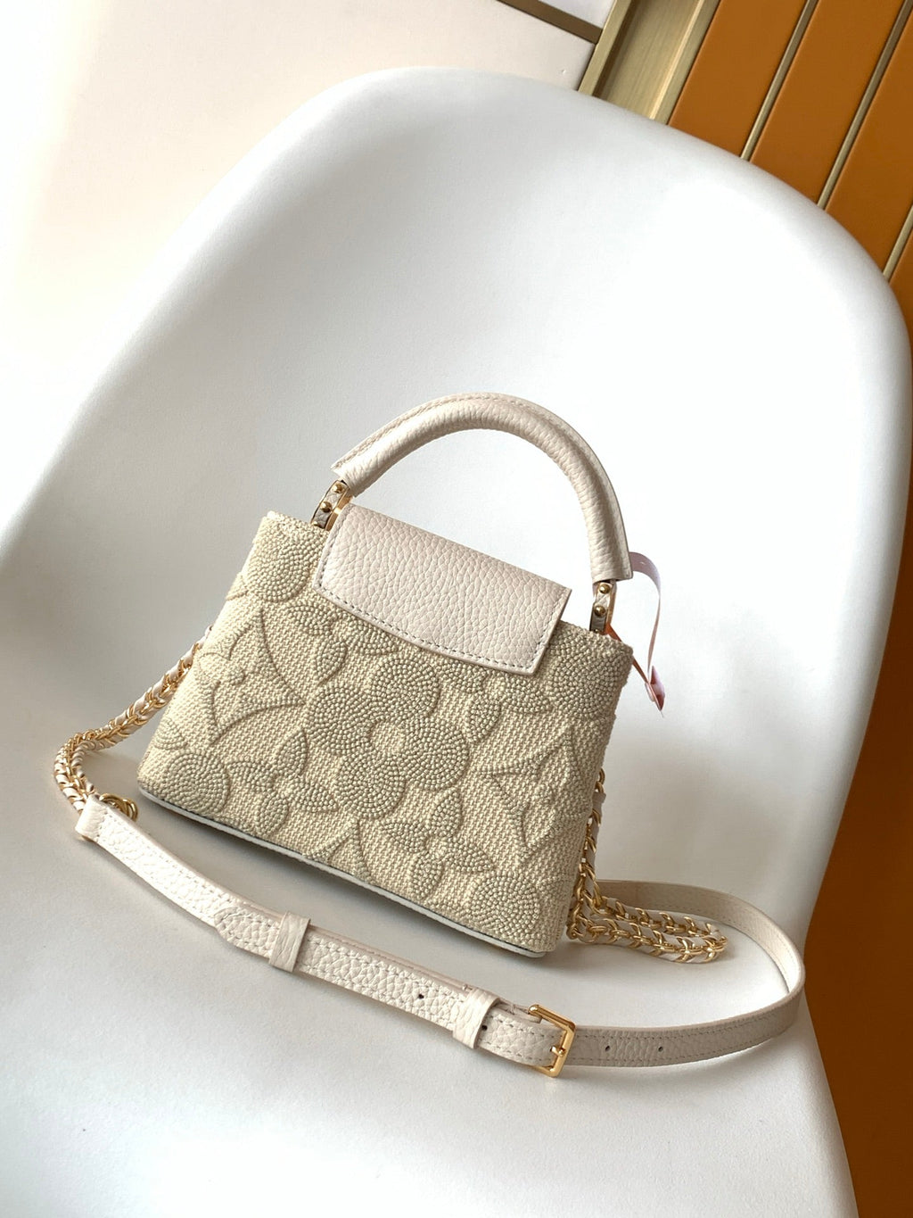 LOUIS VUITTON LV 25S CAPUCINES MINI BAG 21 IN VANILLA-COLORED EMBROIDERED CANVAS