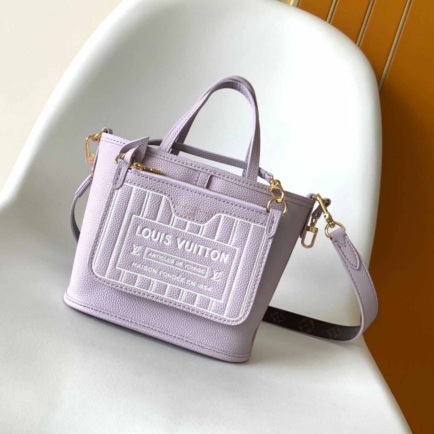 LOUIS VUITTON LV 25S NEVERFULL BANDOULIÈRE INSIDE OUT BB 31 IN LIGHT PURPLE AND BROWN CALFSKIN