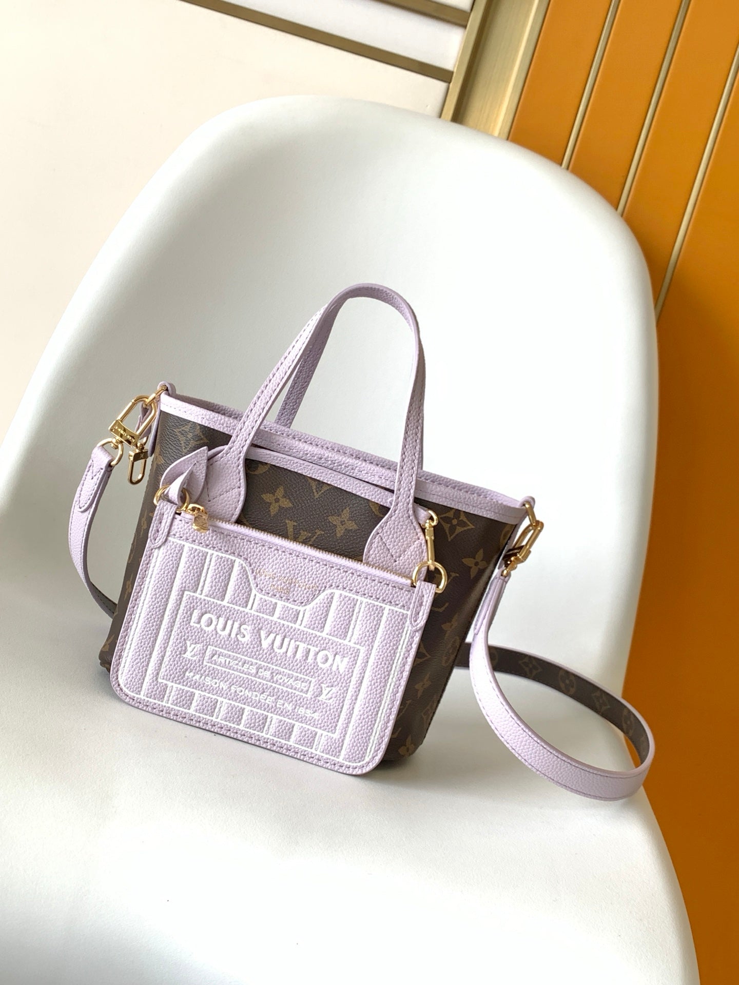 LOUIS VUITTON LV 25S NEVERFULL BANDOULIÈRE INSIDE OUT BB 31 IN LIGHT PURPLE AND BROWN CALFSKIN