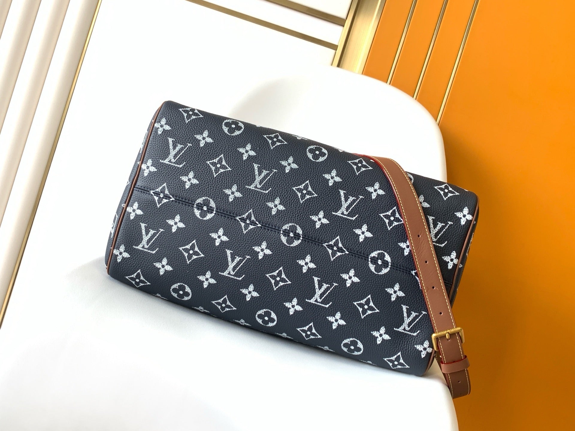 LOUIS VUITTON LV 25S SPEEDY BANDOULIÈRE BAG 40 IN CHARCOAL BLUE CALFSKIN GOLD HARDWARE