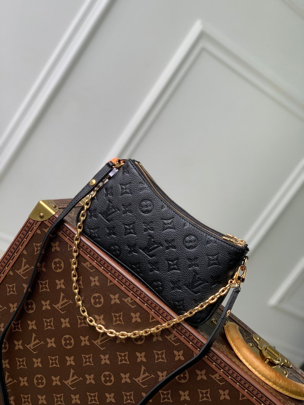 LOUIS VUITTON LIV POCHETTE BAG 24 IN BLACK MONOGRAM EMPREINTE LEATHER