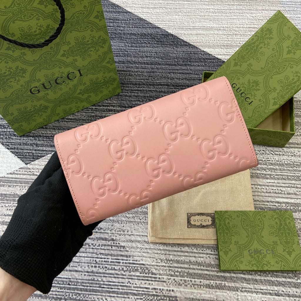 GUCCI CONTINENTAL WALLET 19 IN PINK EMBOSSED CALFSKIN GOLD HARDWARE