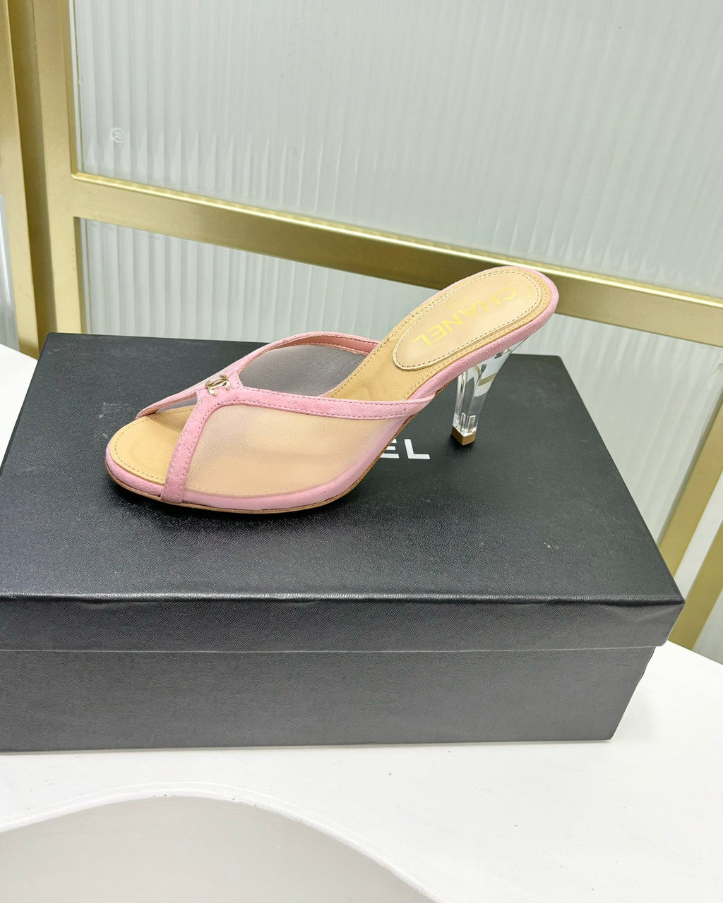 CHANEL HIGH HEEL PEEP TOE IN LIGHT PINK BREATHABLE MESH