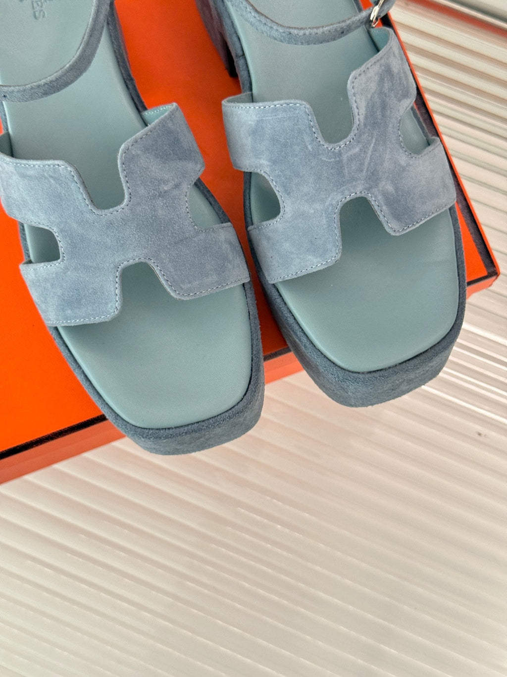 HERMES 25S JAM 30 HIGH-HEEL SANDAL IN STEEL BLUE GRAY SUEDE