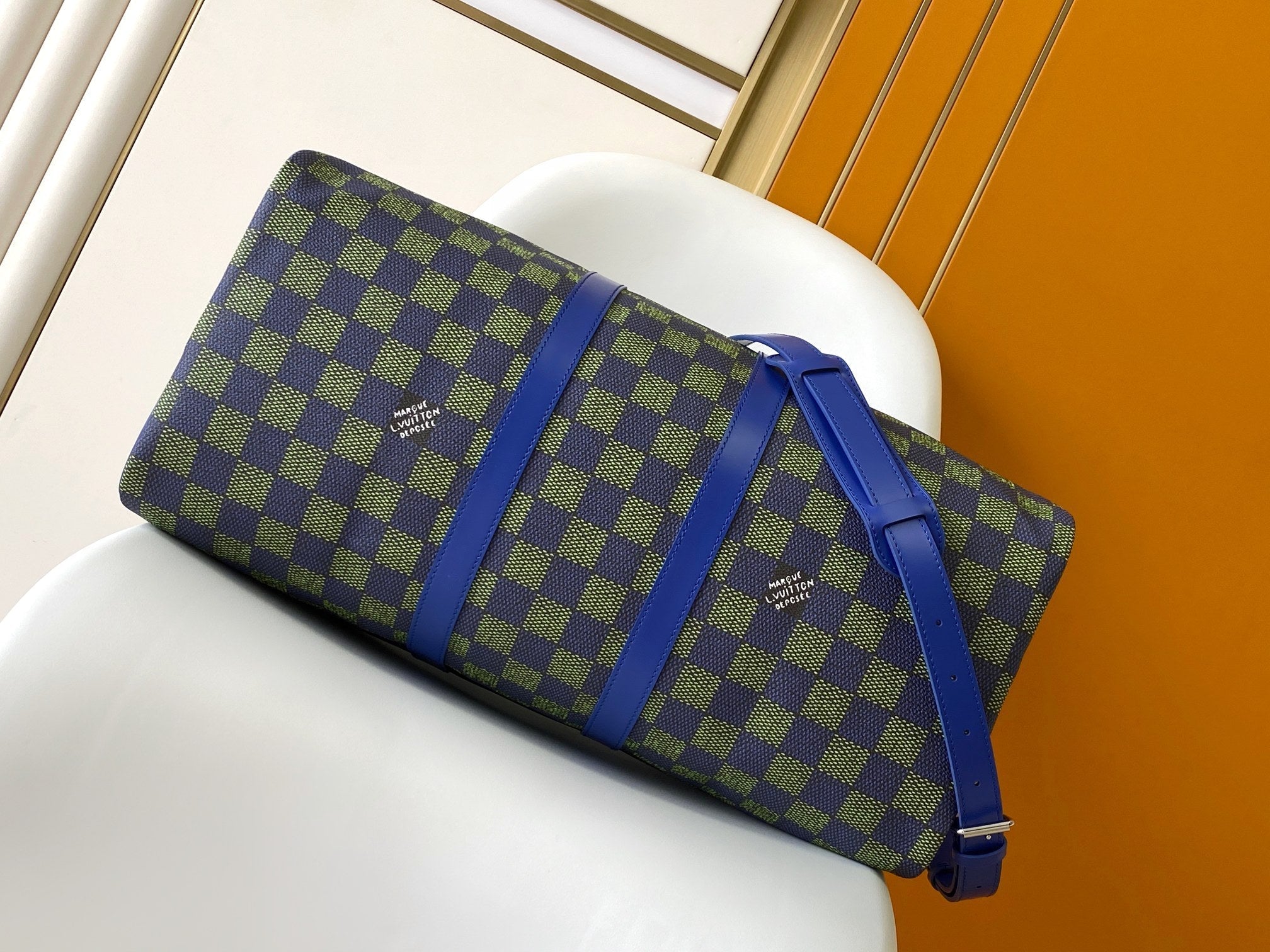LOUIS VUITTON KEEPALL BANDOULIÈRE 50 IN BLUE GREEN DAMIER HERITAGE COATED CANVAS