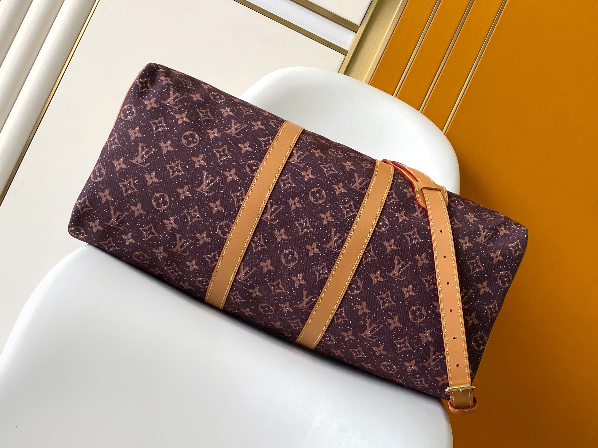 LOUIS VUITTON LV 25S KEEPALL 50 MONOGRAM CRYSTALS IN DARK PURPLE CANVAS AND CALFSKIN TRIM