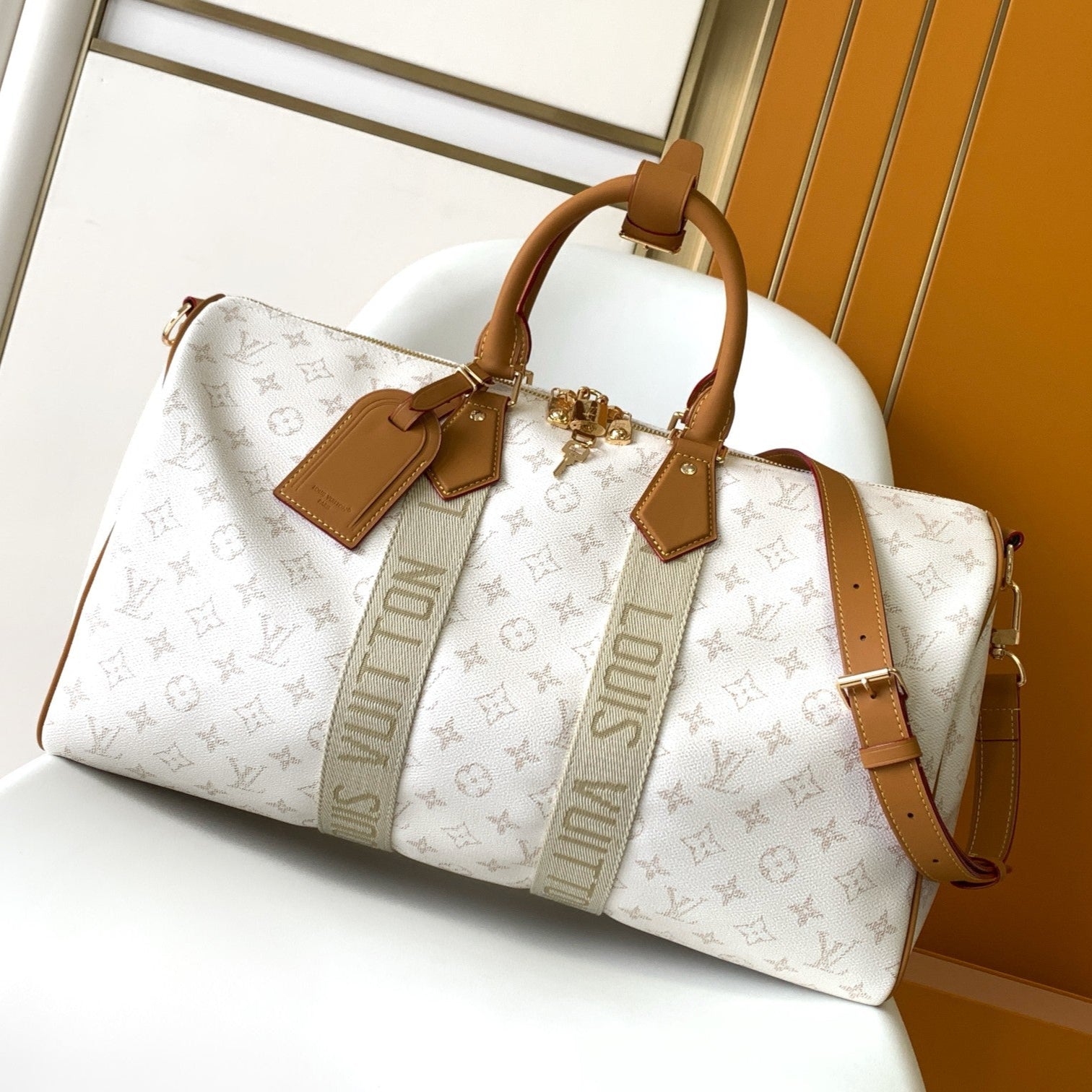 LOUIS VUITTON LV 25S KEEPALL BANDOULIÈRE BAG 45 IN WHITE MONOGRAM HERITAGE CALFSKIN