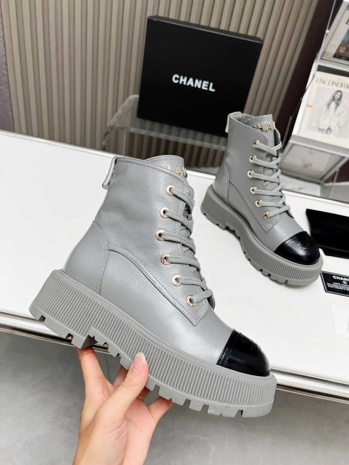 CHANEL SHORT BOOTS IN SLATE GREY MIX BLACK COWHIDE