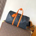 LOUIS VUITTON LV 25S KEEPALL 45 WITH SHOULDER STRAP IN BLACK ORANGE COATED MONOGRAM ECLIPSE CANVAS AND CALFSKIN