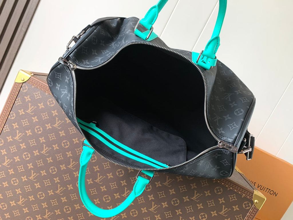 LOUIS VUITTON LV 25S KEEPALL 50 WITH SHOULDER STRAP IN BLACK AQUA COATED MONOGRAM ECLIPSE CANVAS AND CALFSKIN