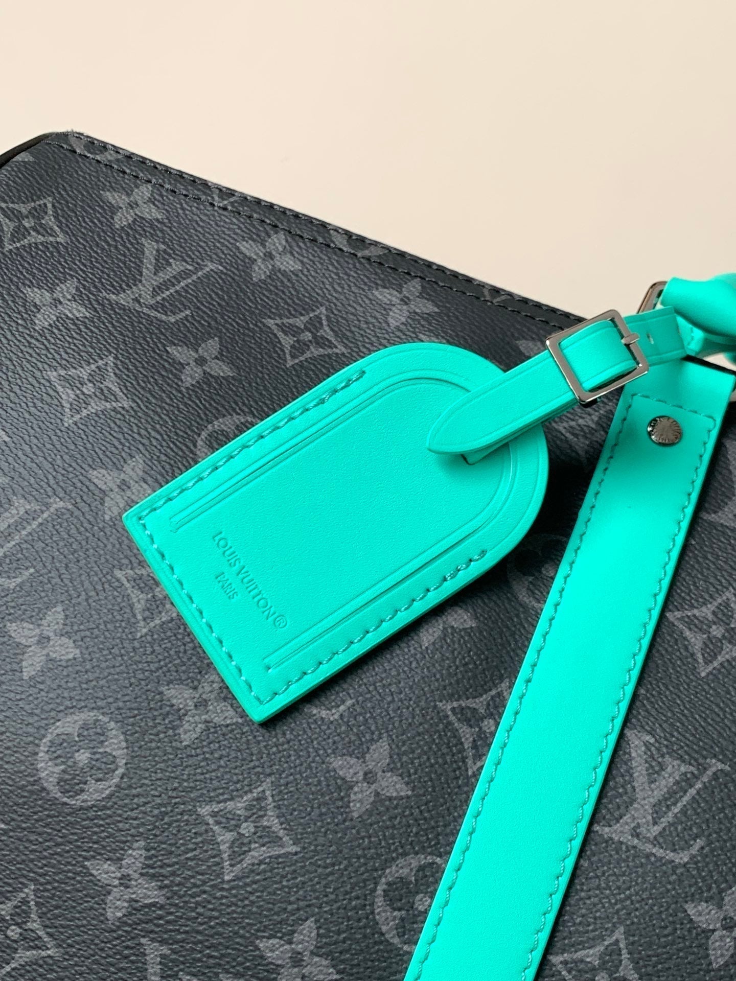 LOUIS VUITTON LV 25S KEEPALL 50 WITH SHOULDER STRAP IN BLACK AQUA COATED MONOGRAM ECLIPSE CANVAS AND CALFSKIN