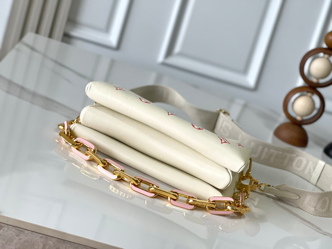 LOUIS VUITTON COUSSIN PM 26 IN CREAM RED MONOGRAM EMBOSSED LAMBSKIN GOLD HARDWARE