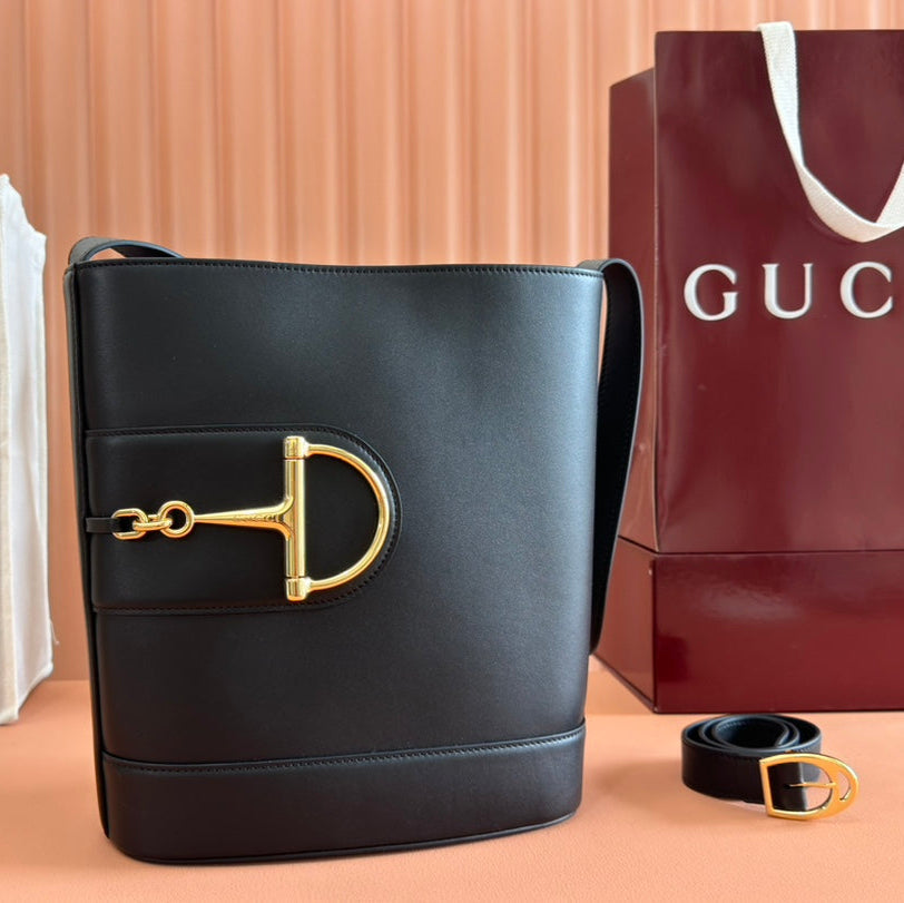 GUCCI 73 MEDIUM BUCKET BAG 27.5 IN BLACK SMOOTH CALFSKIN
