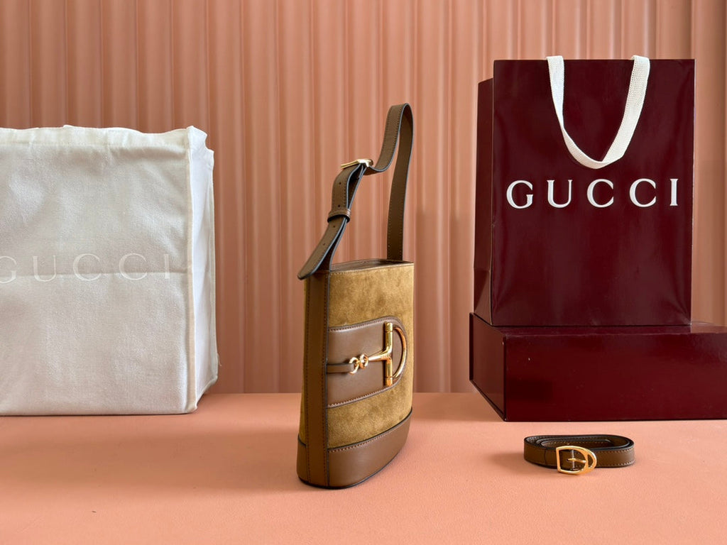 GUCCI 73 SMALL BUCKET BAG 20 IN BROWN SOFT SUEDE AND CALFSKIN