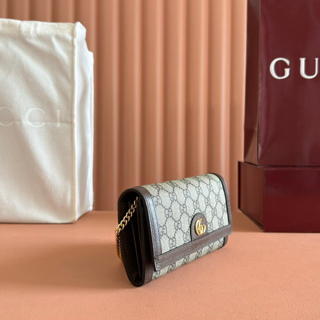 GUCCI OPHIDIA WALLET ON CHAIN 19 IN BEIGE AND DARK BROWN COATED FABRIC AND CALFSKIN