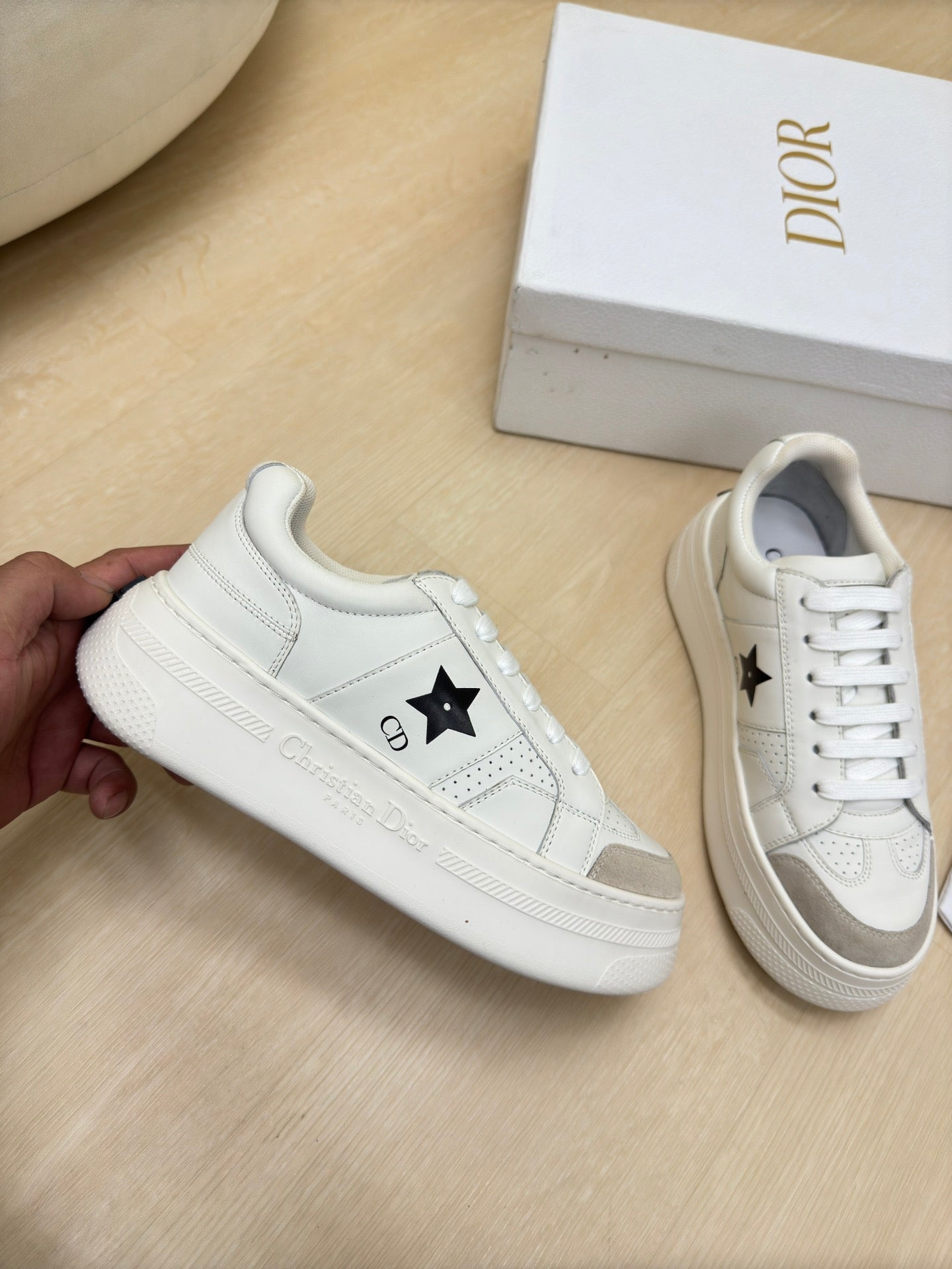 DIOR BLACK STAR PLATFORM SNEAKER IN WHITE CALFSKIN AND SUEDE