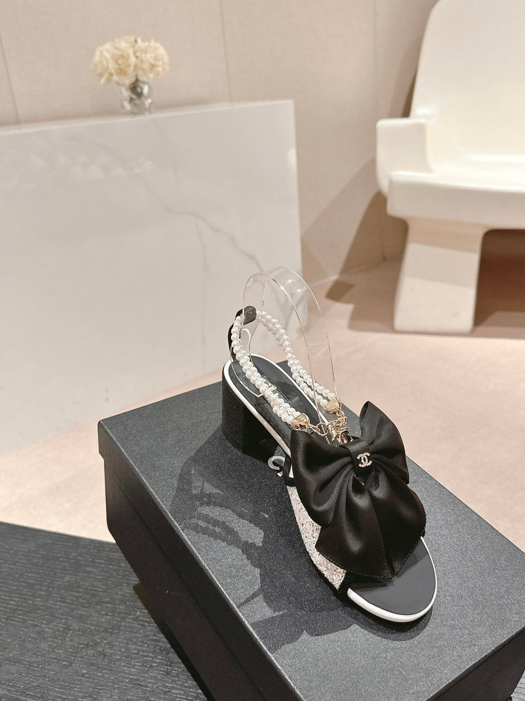 CHANEL HIGH SANDAL WITH PEARL CHAIN BLACK LAMBSKIN WITH WHITE RHINESTONES