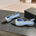 CHANEL SLINGBACKS IN LIGHT BLUE DENIM AND BLACK SATIN