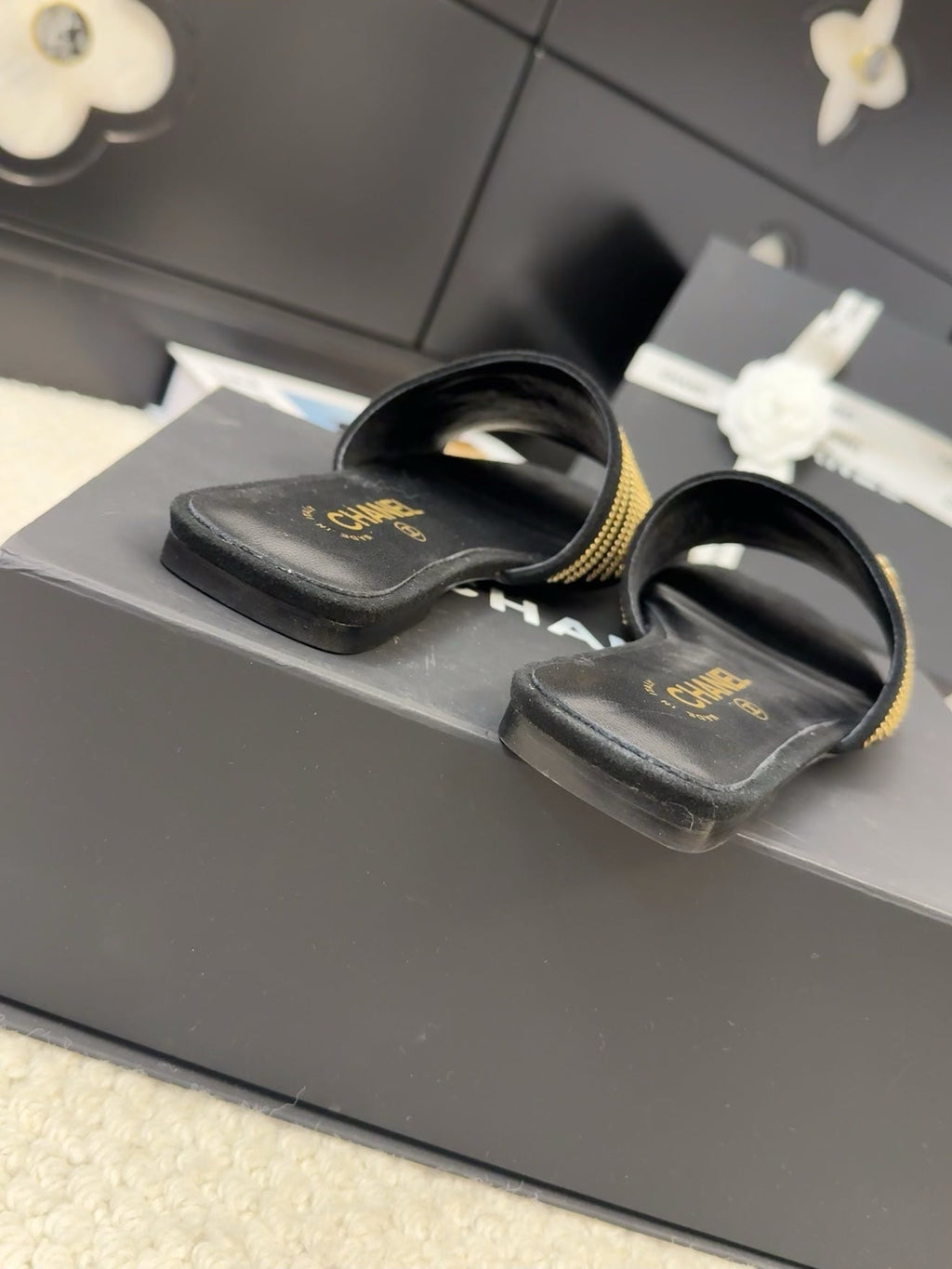 CHANEL FLAT SLIDE IN BLACK SUEDE WITH GOLD CRYSTALS