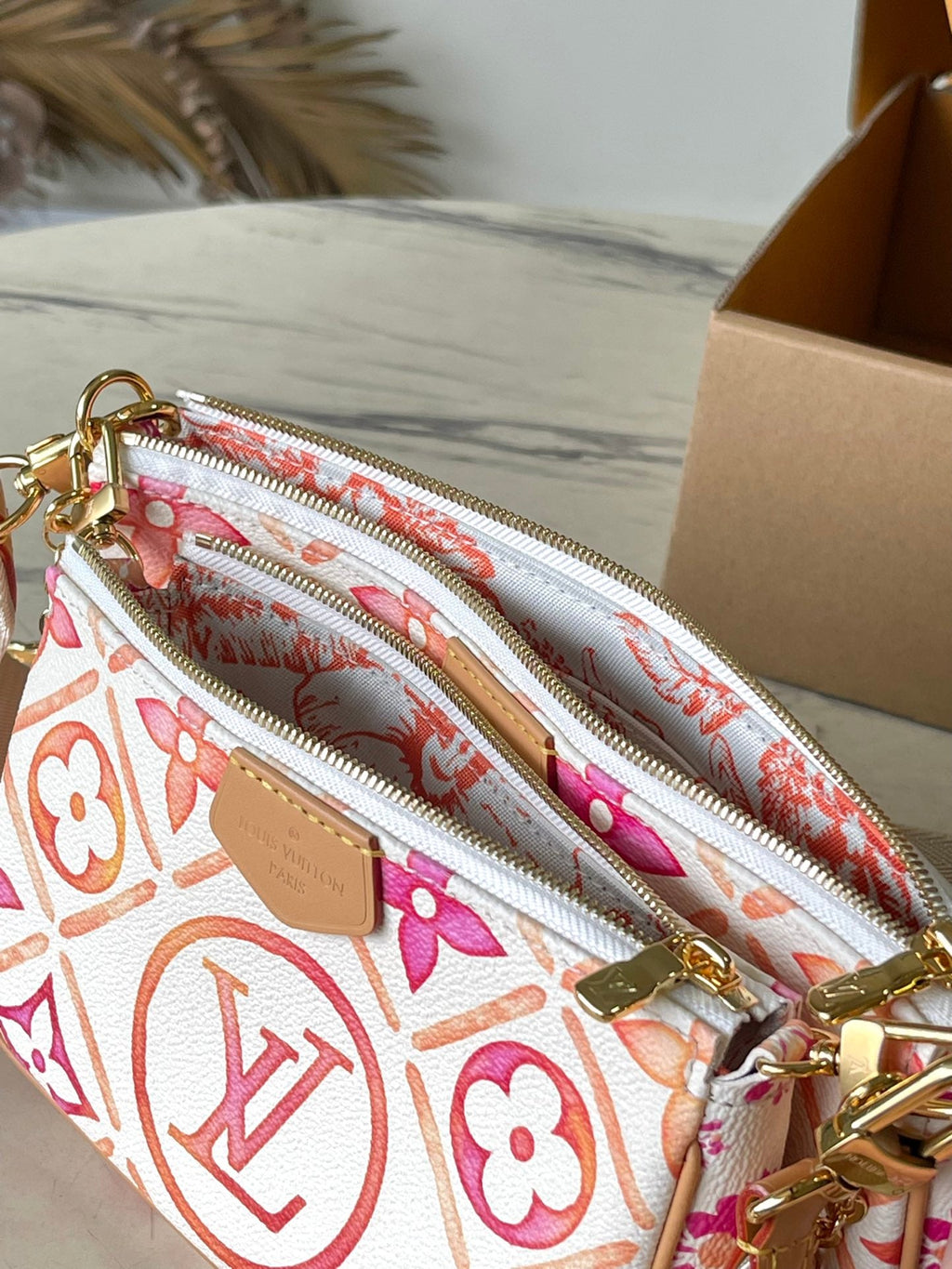 LOUIS VUITTON MULTI POCHETTE ACCESSOIRES 24 IN CORAL MONOGRAM TILES CANVAS GOLD HARDWARE