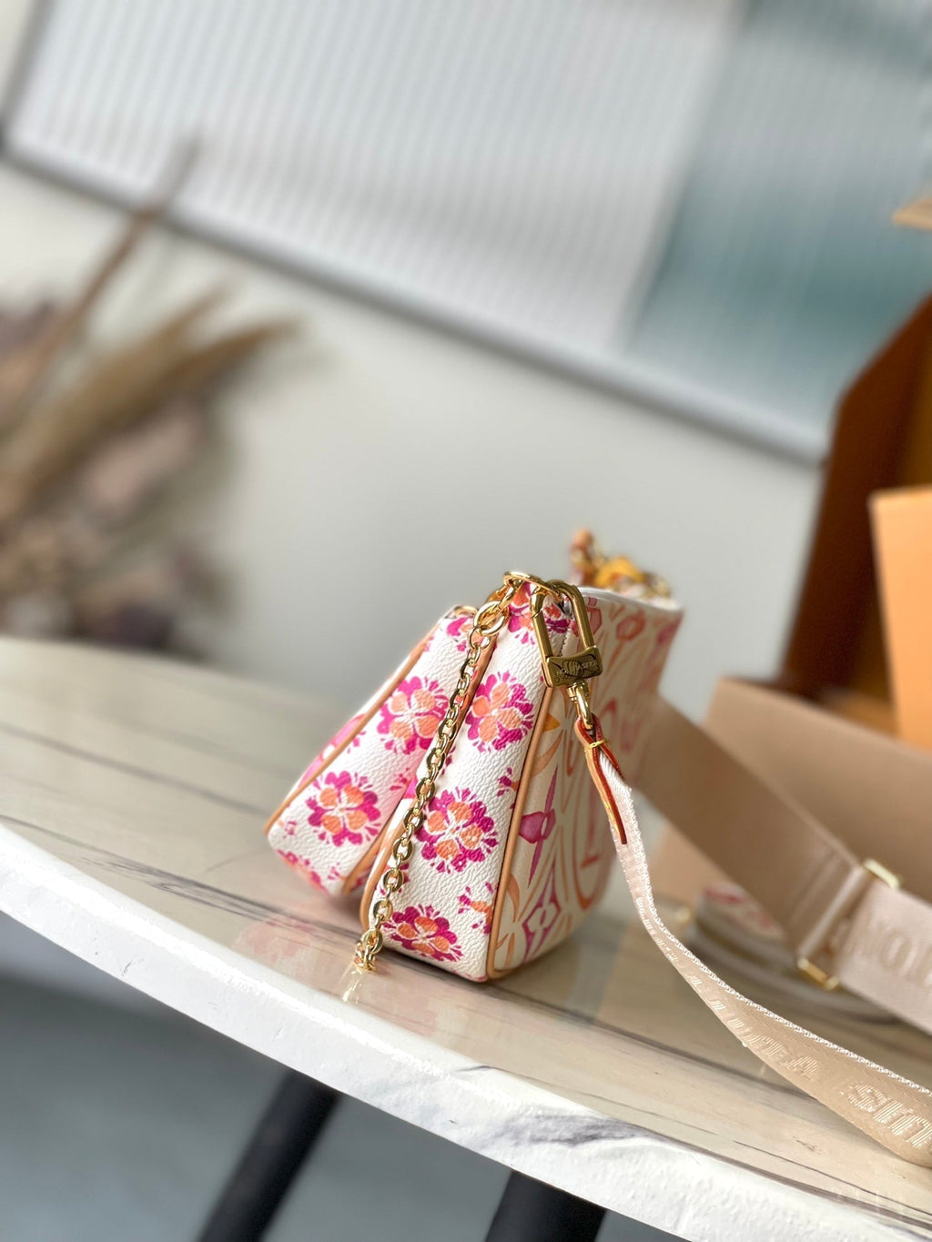 LOUIS VUITTON MULTI POCHETTE ACCESSOIRES 24 IN CORAL MONOGRAM TILES CANVAS GOLD HARDWARE