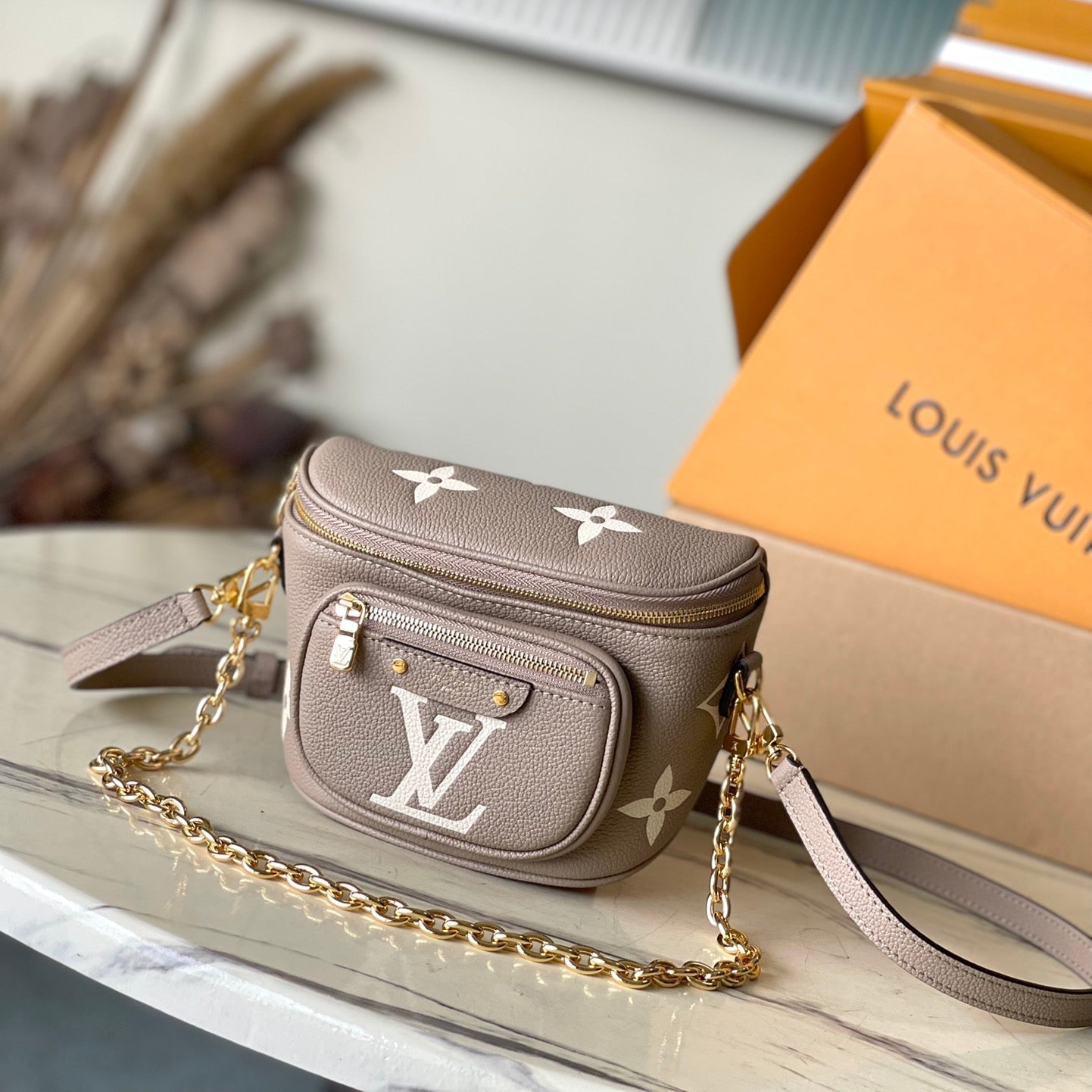 LOUIS VUITTON MINI BUMBAG 17 IN TOURTERELLE WHITE MONOGRAM EMPREINTE LEATHER GOLD HARDWARE