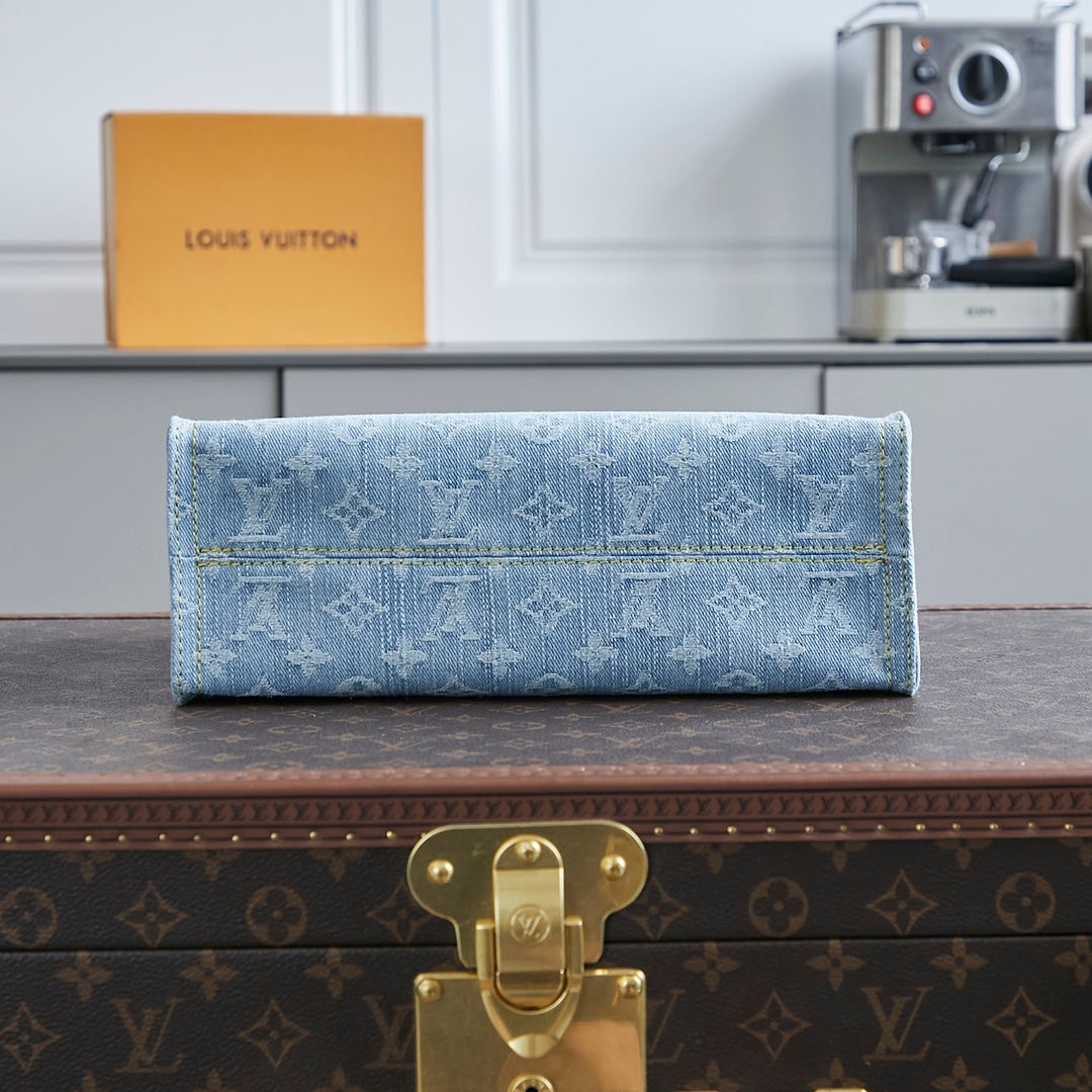 LOUIS VUITTON LET GO PM 28 IN LIGHT BLUE MONOGRAM DENIM GOLD HARDWARE