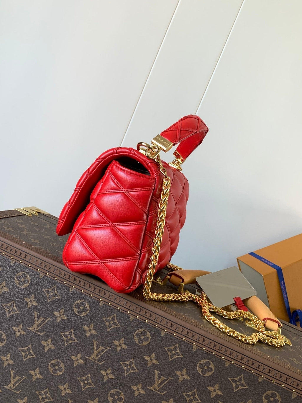 LOUIS VUITTON LV 25S GO-14 MM 23 IN CRIMSON RED QUILTED LAMBSKIN GOLD HARDWARE