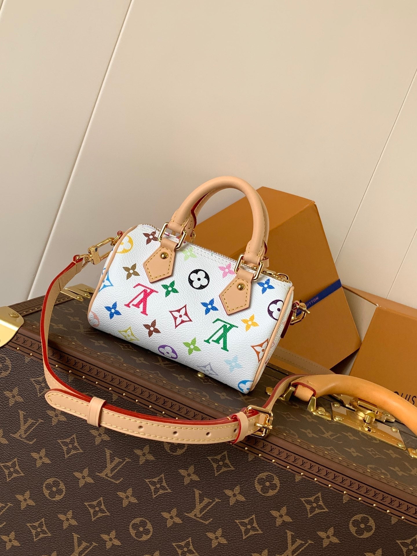 LOUIS VUITTON NANO SPEEDY BAG 16 IN COLORFUL MONOGRAM PATTERN AND WHITE COATED CANVAS