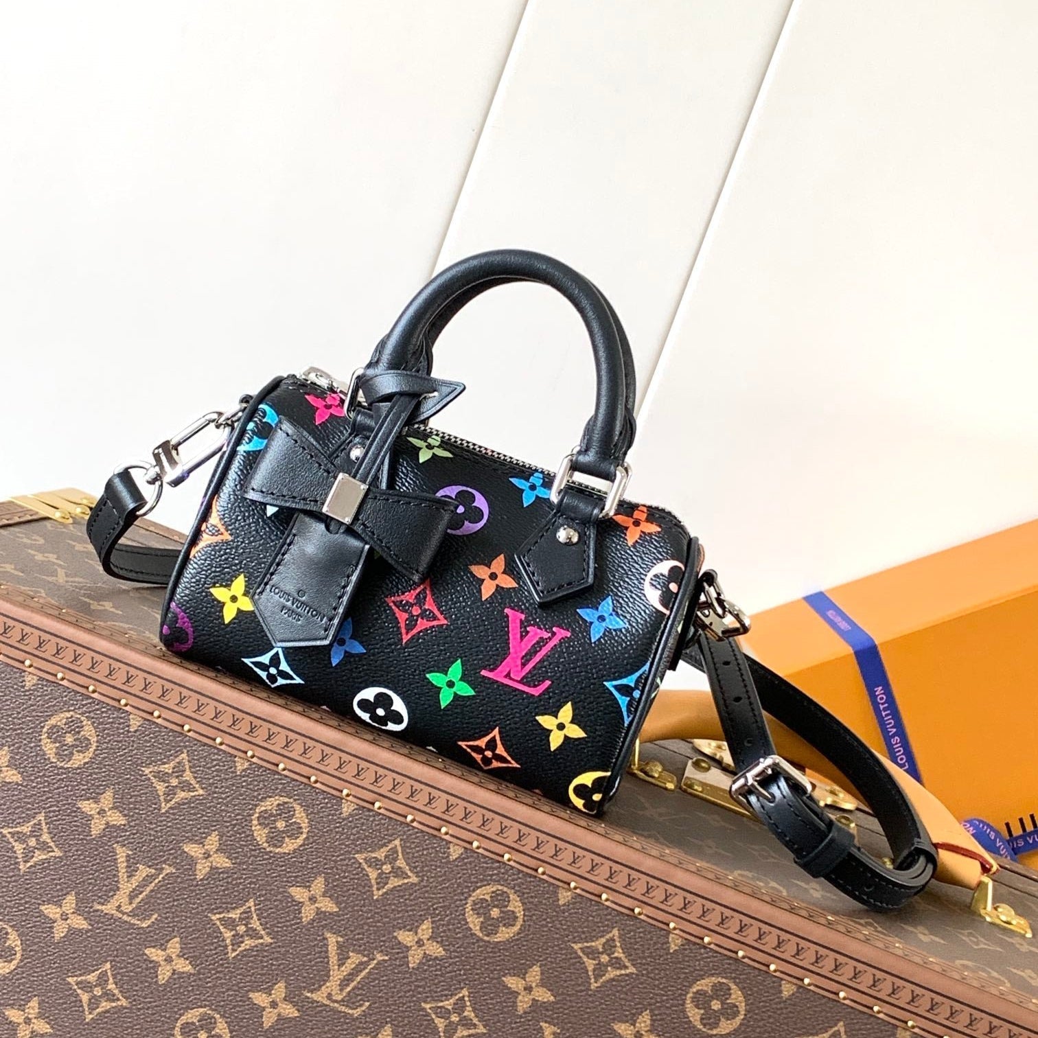 LOUIS VUITTON NANO SPEEDY BAG 16 IN COLORFUL MONOGRAM PATTERN AND BLACK COATED CANVAS