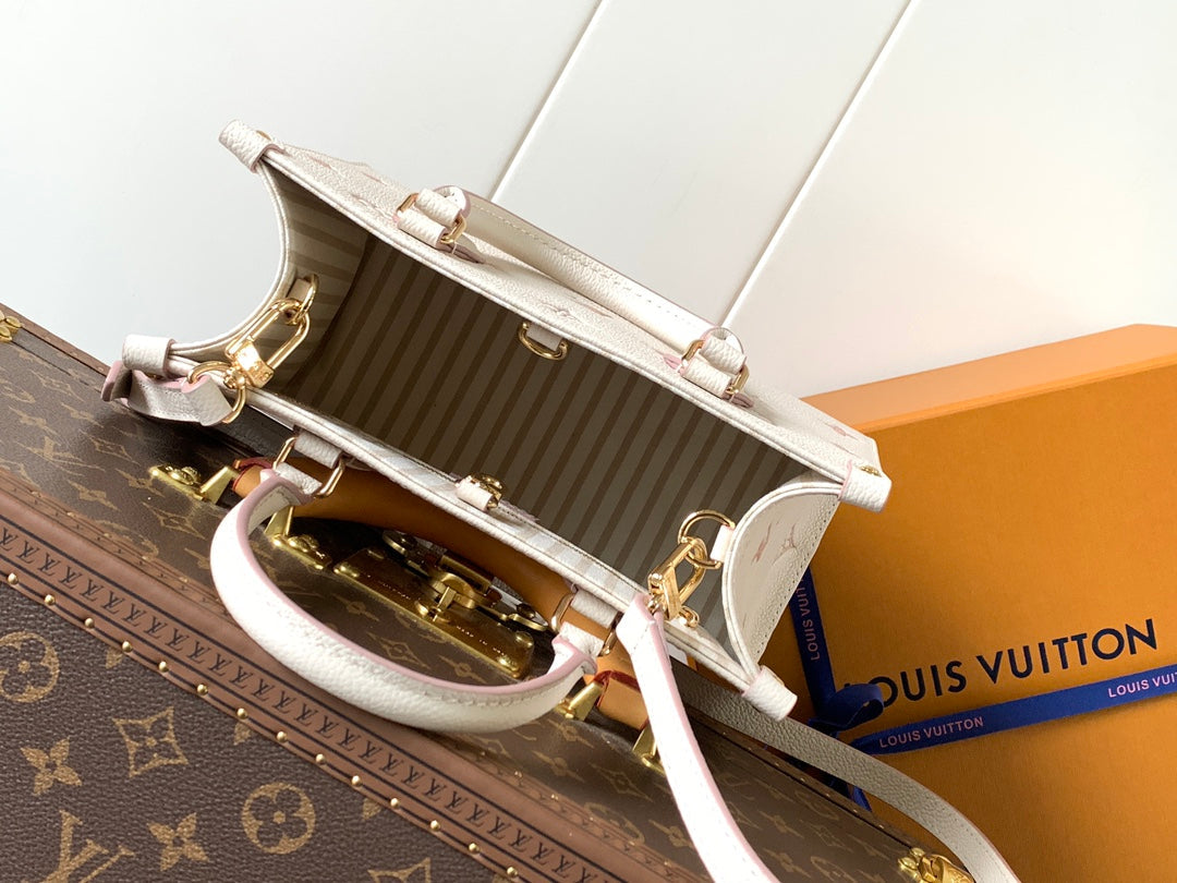 LOUIS VUITTON ONTHEGO 25 IN WHITE AND PINK MONOGRAM CALFSKIN