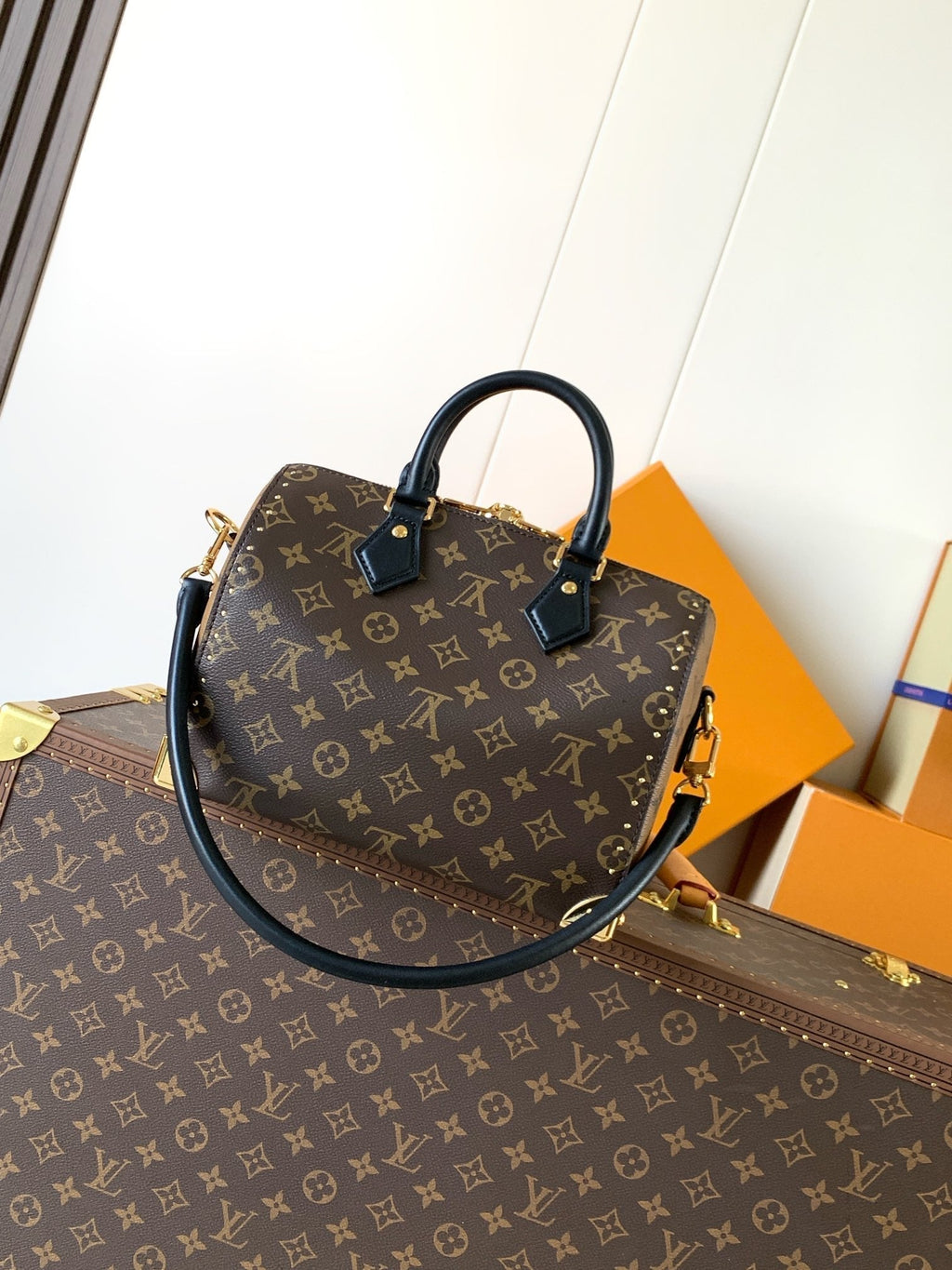 LOUIS VUITTON LV 25S SPEEDY TRUNK BAG 27 IN BROWN MONOGRAM COATED CANVAS AND BLACK CALFSKIN