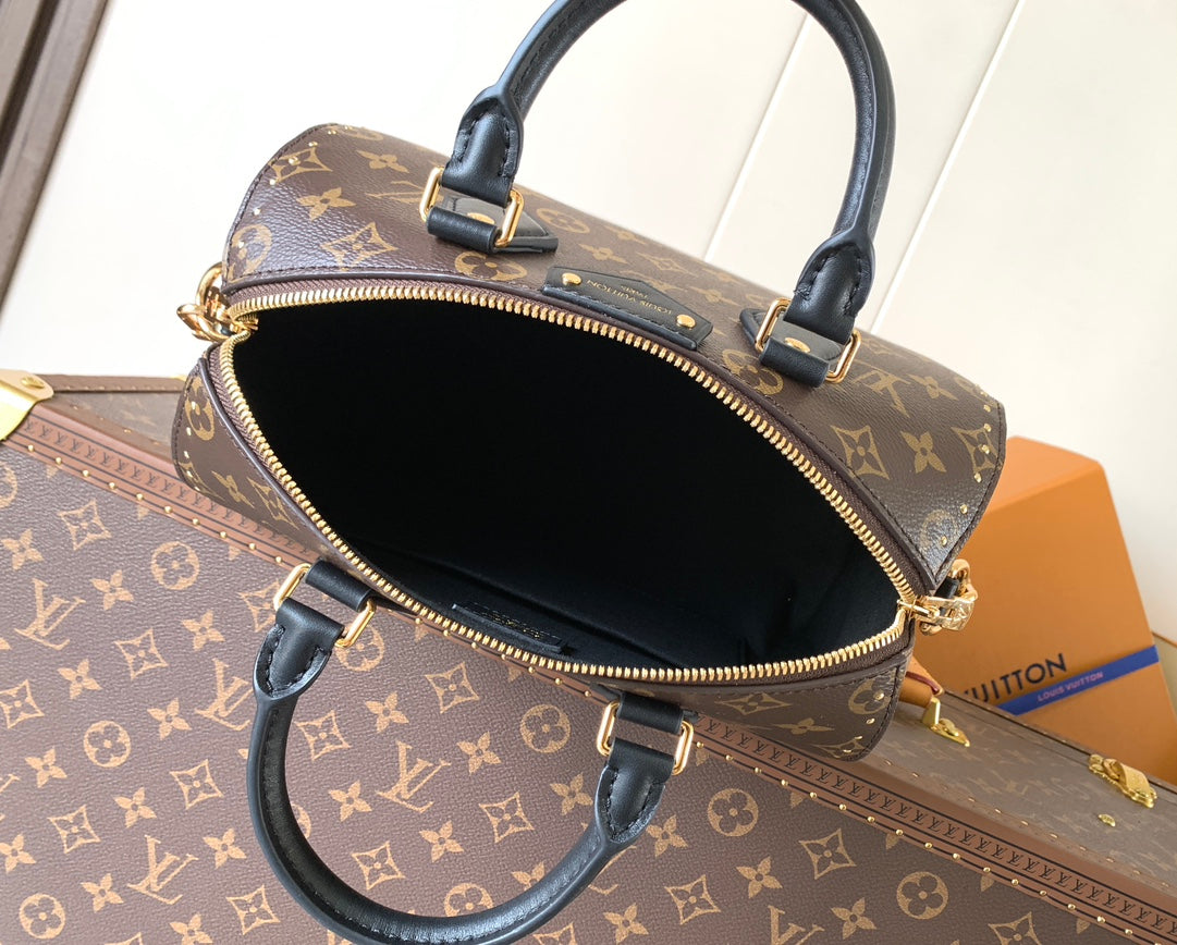LOUIS VUITTON LV 25S SPEEDY TRUNK BAG 27 IN BROWN MONOGRAM COATED CANVAS AND BLACK CALFSKIN