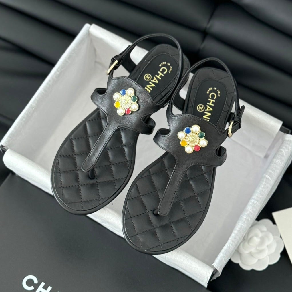 CHANEL Double C Classic One-Strap Sandals Black Lambskin