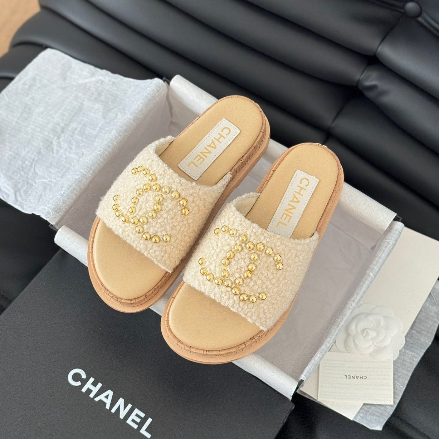 CHANEL Slippers Platform Lambskin Beige Cream