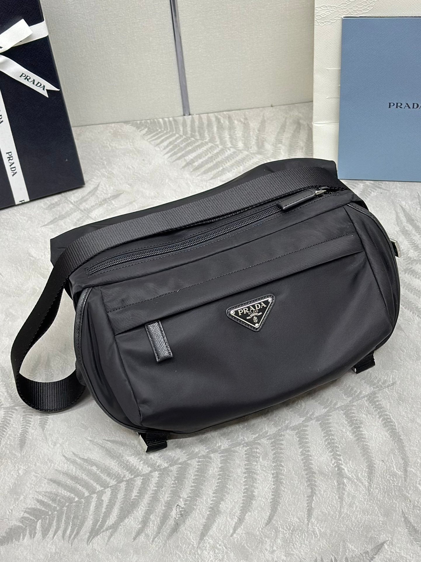 PRADA SHOULDER BAG 27 IN BLACK RE-NYLON TRIANGLE LOGO